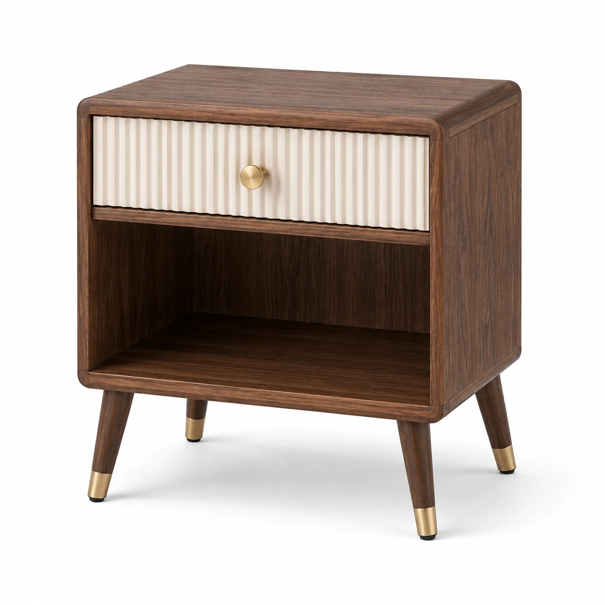 Retro-Nachttisch 50 × 40 × 60 cm mit Schublade und offenem Fach, Braun/Creme/Gold