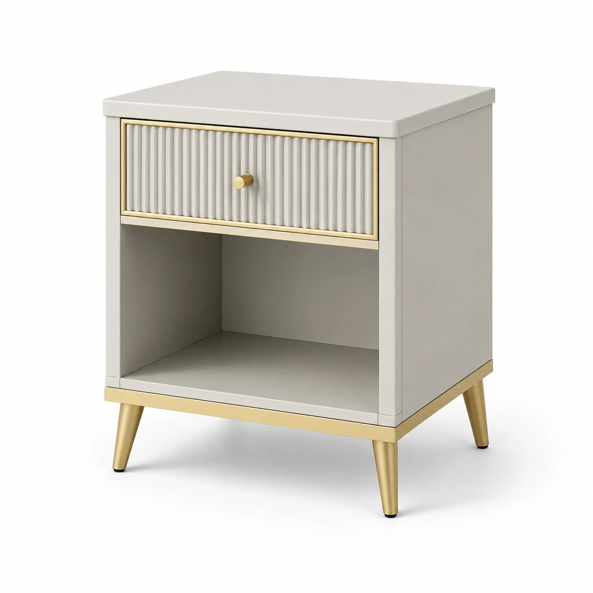 Moderner Nachttisch 45 × 40 × 60 cm in Weiß und Goldfarben mit geriffelter Rollladentür