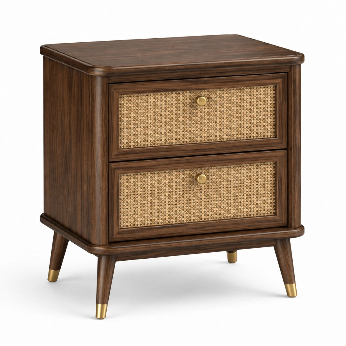 Retro-Nachttisch mit 2 Rattanschubladen, Braun/Natur/Gold, 50 x 40 x 60 cm