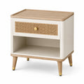 Retro-Nachttisch 50 × 40 × 60 cm in Weiß/Natur/Gold mit Rattangeflecht, Schublade und offenem Fach