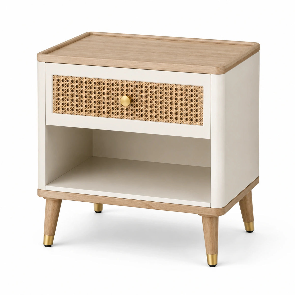 Retro-Nachttisch 50 × 40 × 60 cm in Weiß/Natur/Gold mit Rattangeflecht, Schublade und offenem Fach