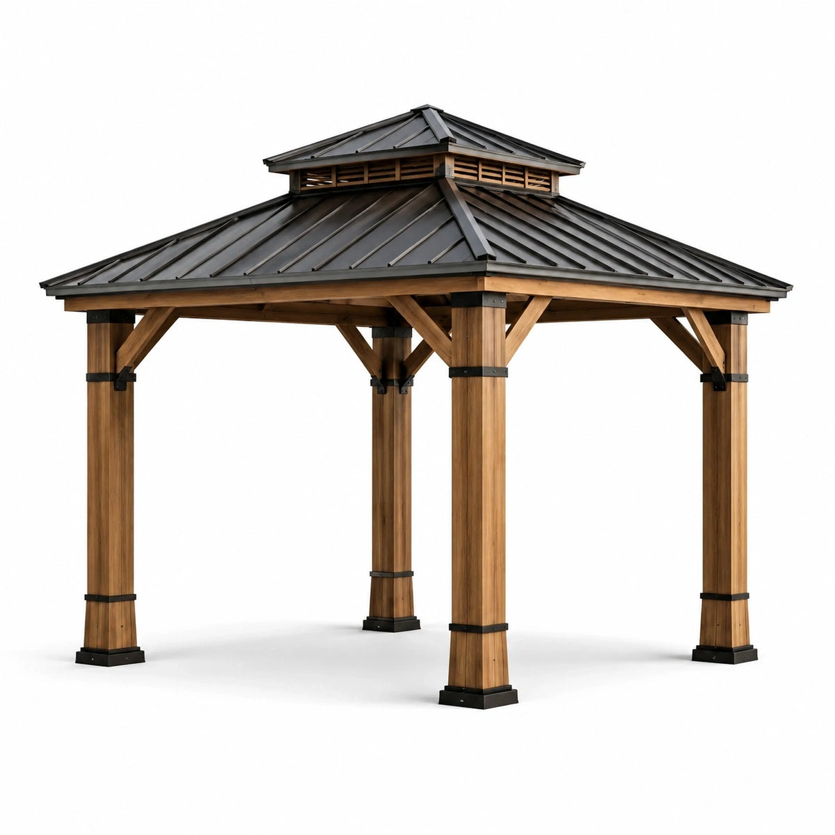 Pavillon aus Holz und Metall, 300 × 300 × 300 cm, Braun/Schwarz, mit belüftetem Doppeldach