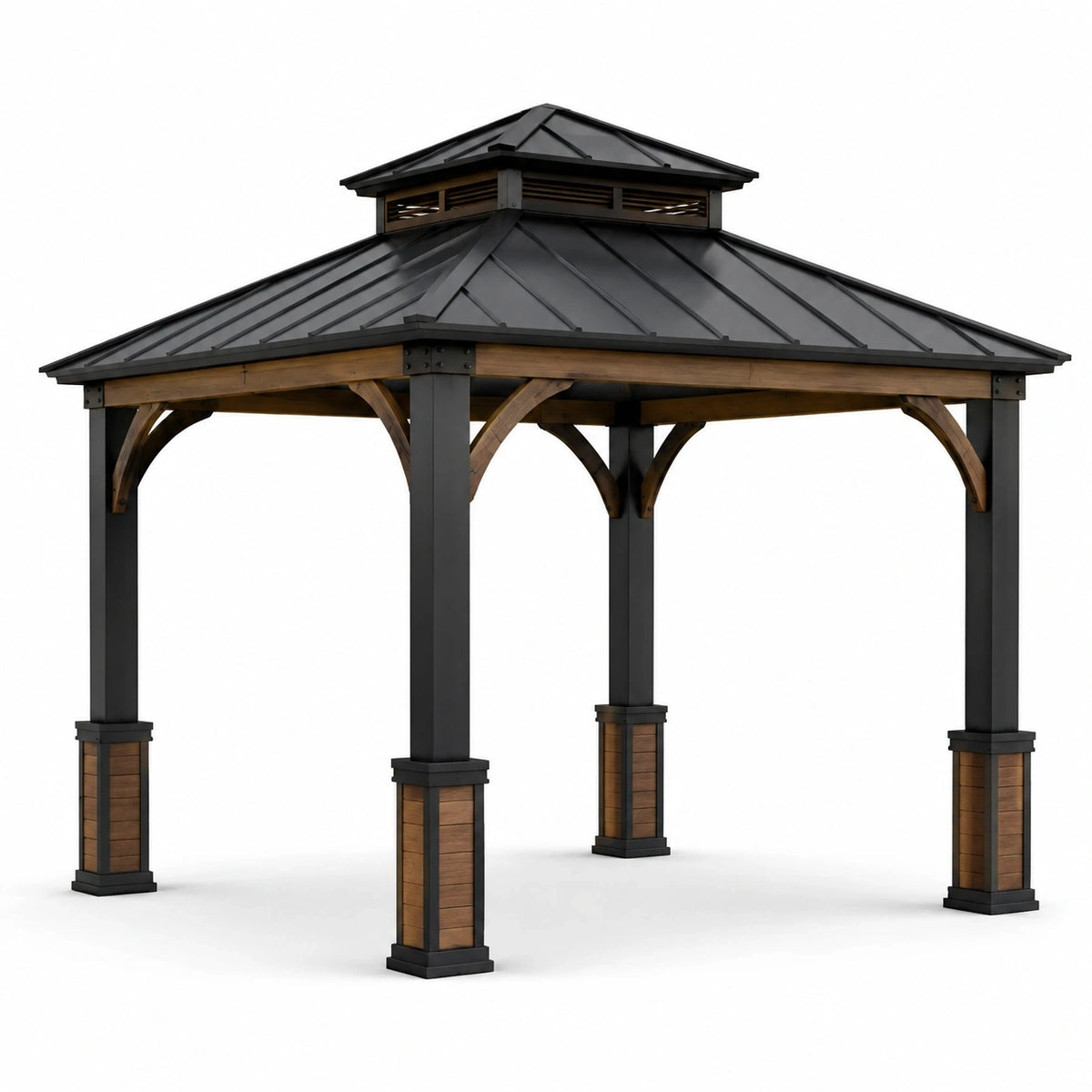 Gartenpavillon 360 × 360 × 330 cm mit belüftetem Metalldach, Schwarz/Braun