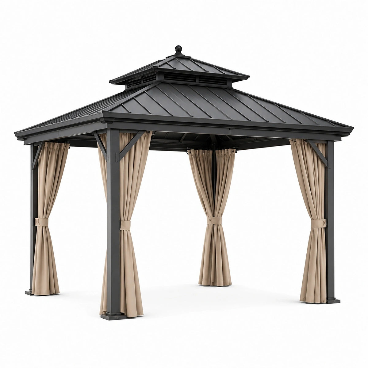 Gartenpavillon 300 × 300 × 300 cm aus anthrazitfarbenem Stahl mit Metalldach und beigen Vorhängen