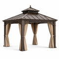 Gartenpavillon 400 × 400 × 330 cm aus Metall, Braun mit beigen Vorhängen