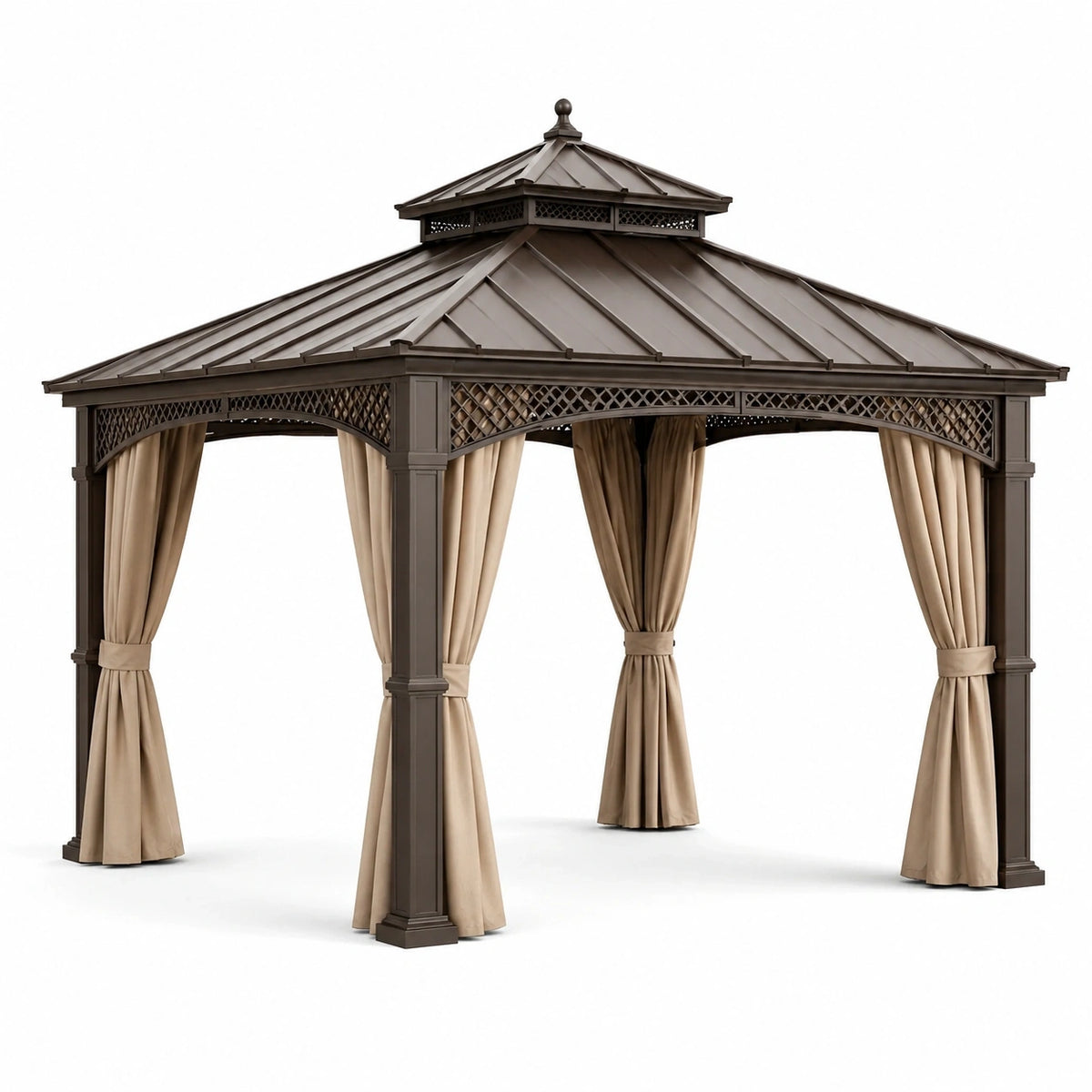 Gartenpavillon 400 × 400 × 330 cm aus Metall, Braun mit beigen Vorhängen