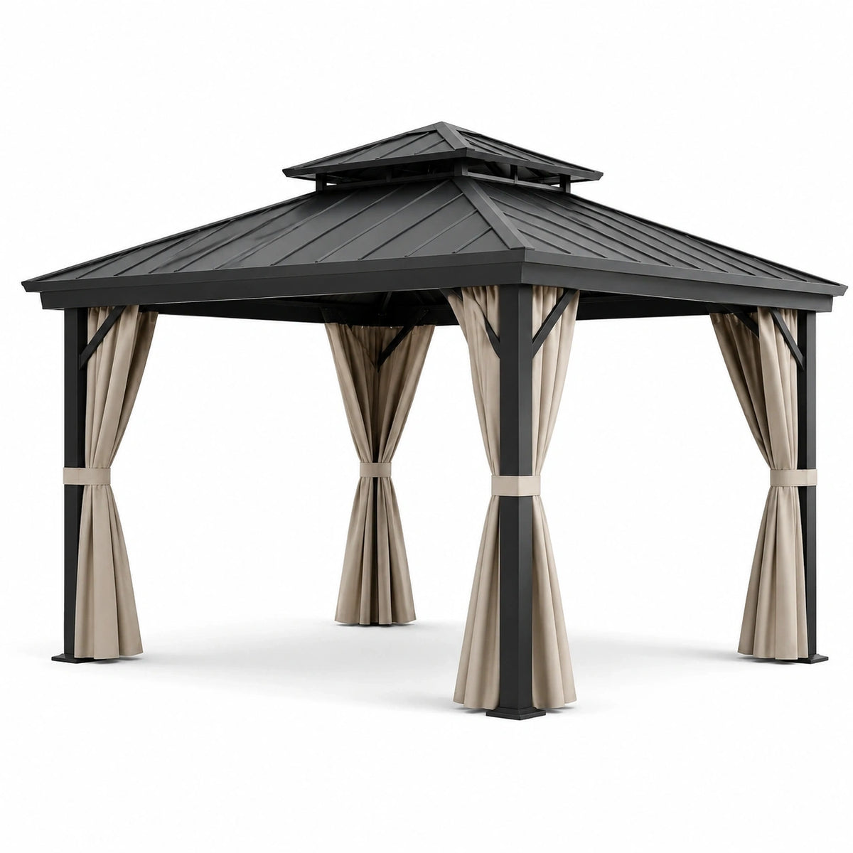 Gartenpavillon aus Stahl mit Metalldach und Vorhängen, 300 × 300 × 290 cm, Schwarz/Beige