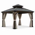 Gartenpavillon 300 × 300 × 290 cm aus Metall in Schwarz/Braun mit beigen Vorhängen und festem Doppeldach