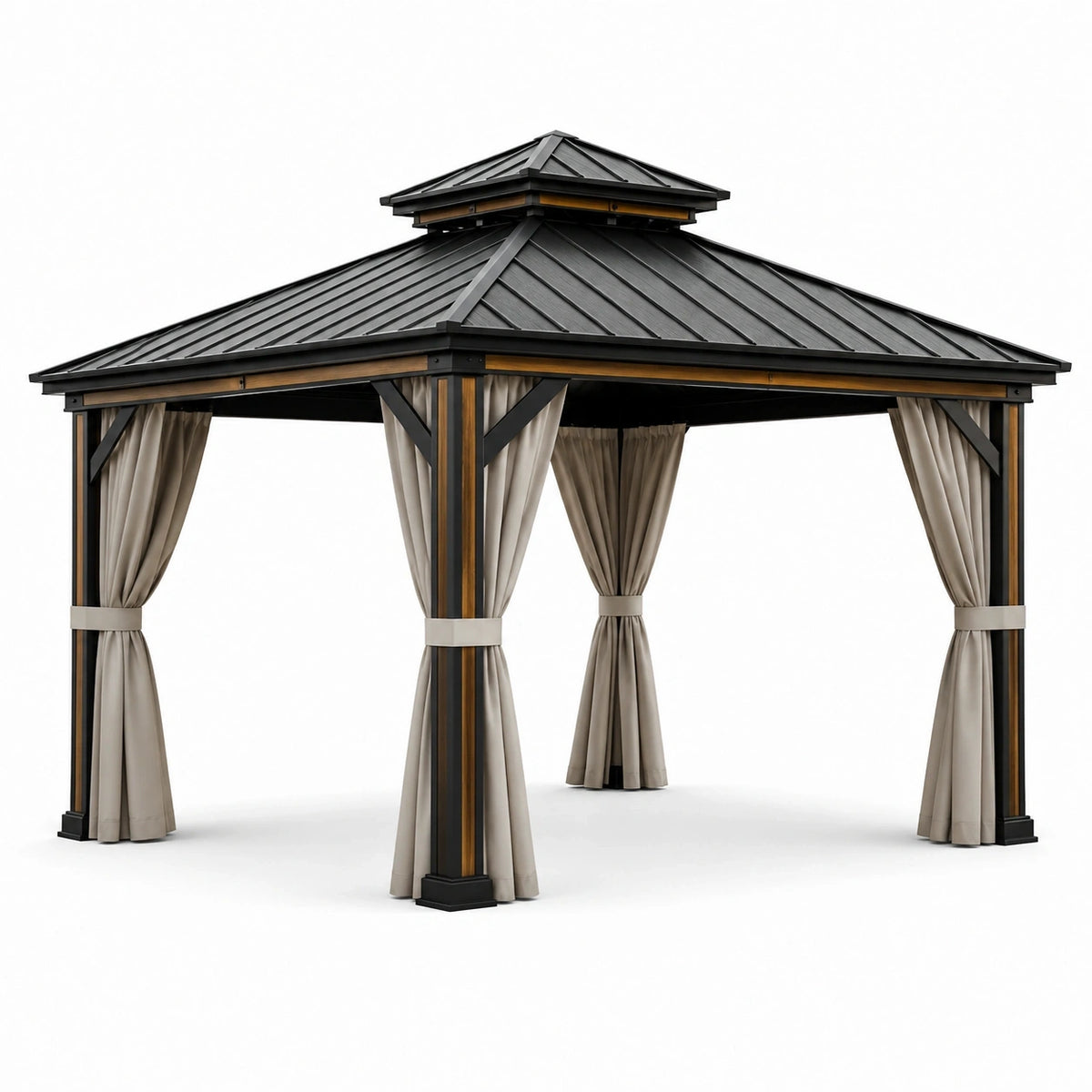 Gartenpavillon 300 × 300 × 290 cm aus Metall in Schwarz/Braun mit beigen Vorhängen und festem Doppeldach