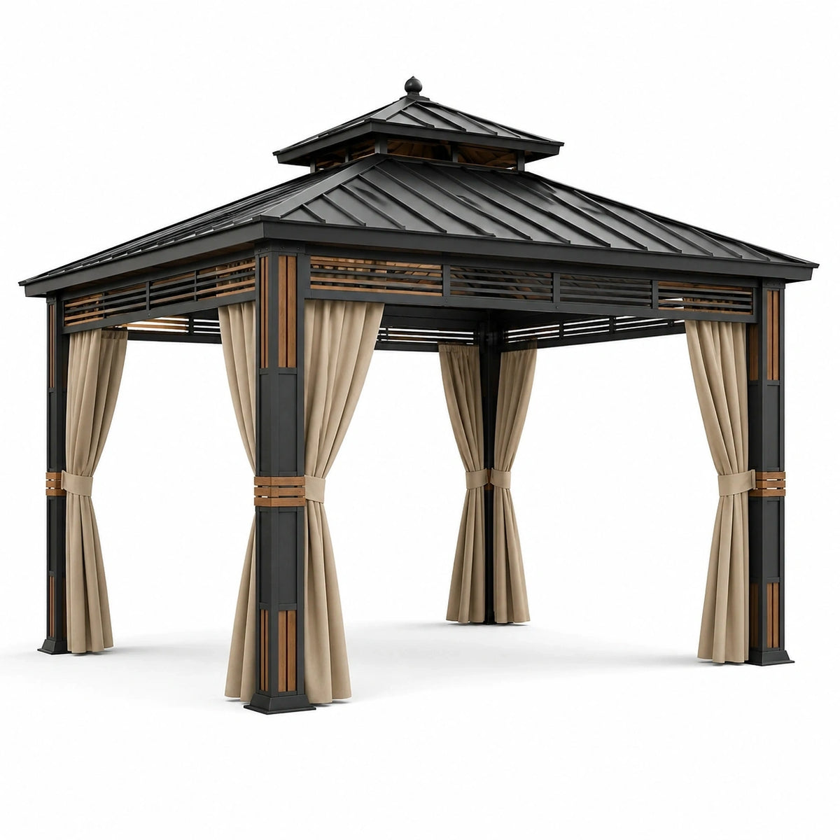 Gartenpavillon aus Metall 300 × 300 × 300 cm mit Vorhängen, Schwarz/Beige/Braun