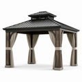 Gartenpavillon aus Metall 300 × 300 × 300 cm in Schwarz/Braun mit beigen Vorhängen