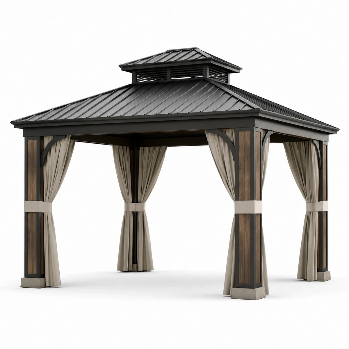 Gartenpavillon aus Metall 300 × 300 × 300 cm in Schwarz/Braun mit beigen Vorhängen