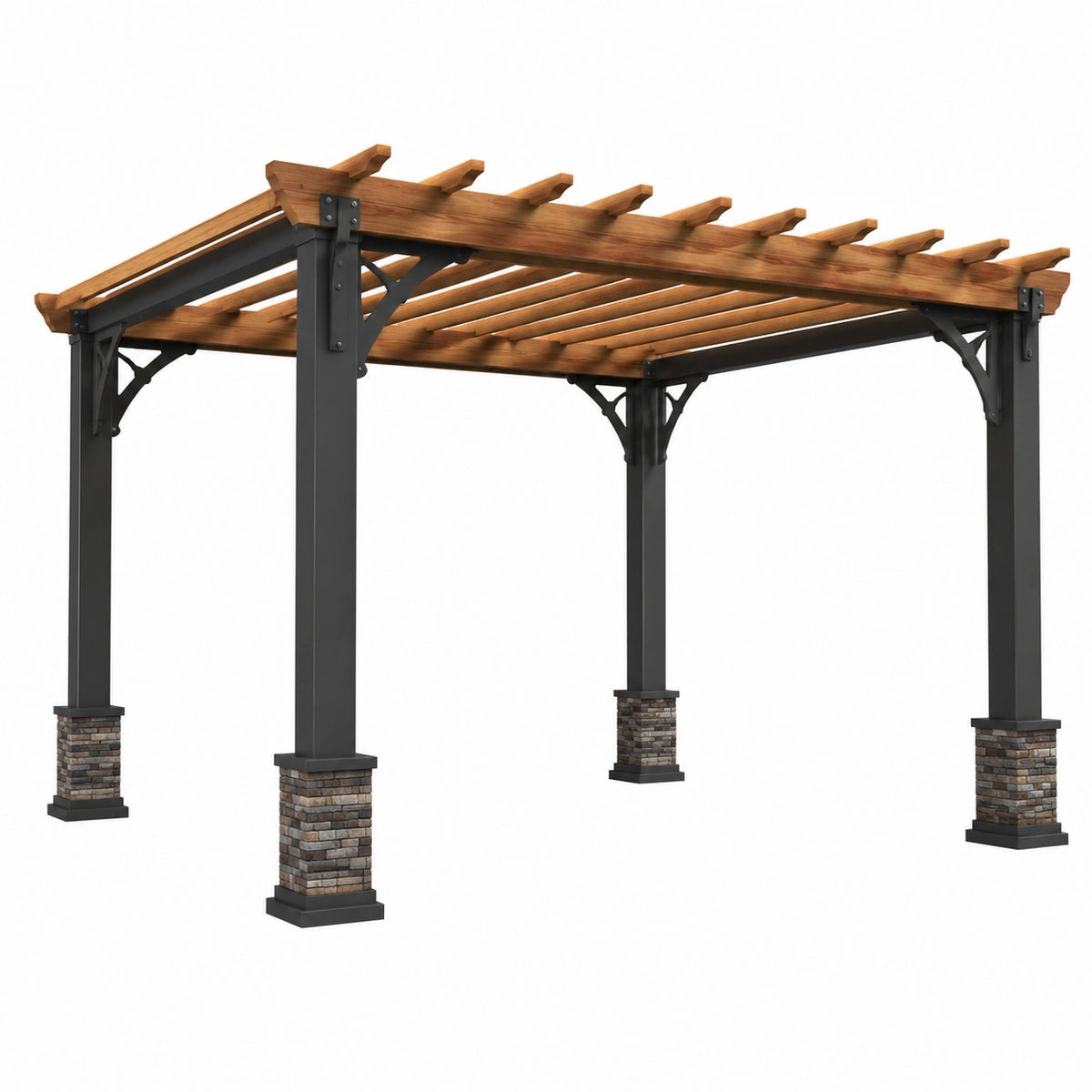 Pergola 300 × 300 × 240 cm aus Holz und Stahl mit offenem Lamellendach, Braun/Anthrazit/Grau