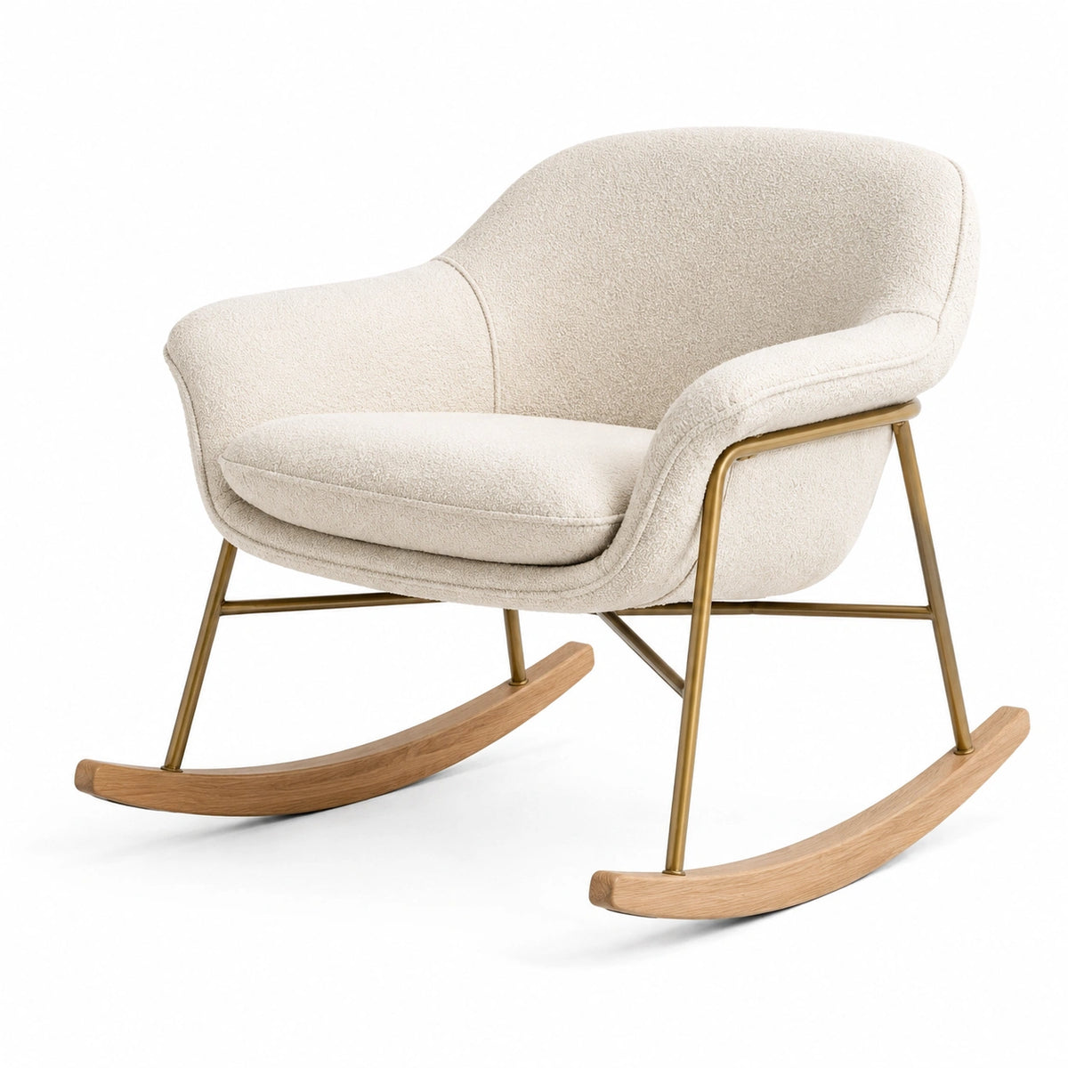 Schaukelstuhl 80 × 90 × 95 cm mit Bouclébezug in Creme, goldenem Metallgestell und Holzkufen