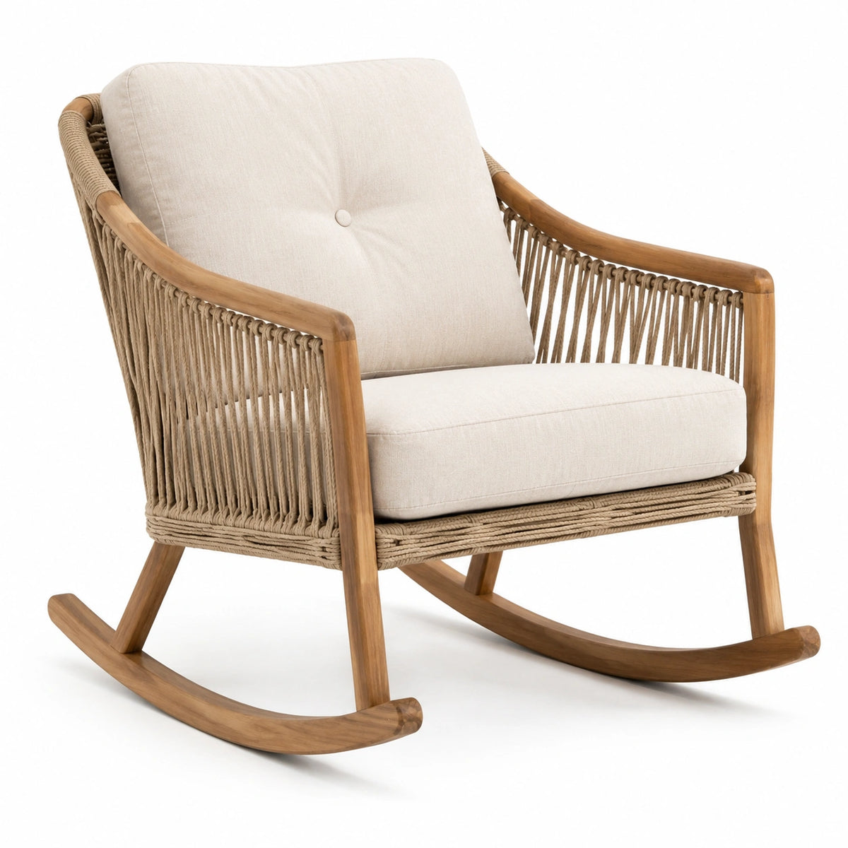 Schaukelstuhl aus Holz und Seilgeflecht, 70 × 85 × 95 cm, Natur/Beige, mit Sitz- und Rückenpolster