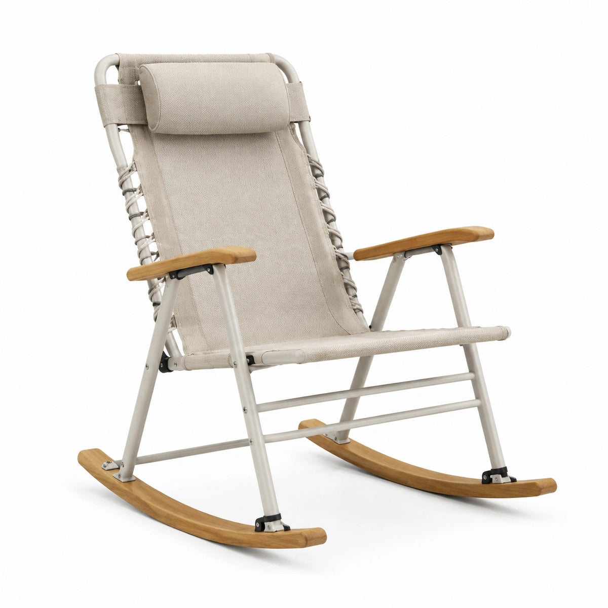 Schaukelstuhl 100 × 70 × 100 cm aus Metall, Holz und Textil in Beige/Hellbraun mit Kopfstütze