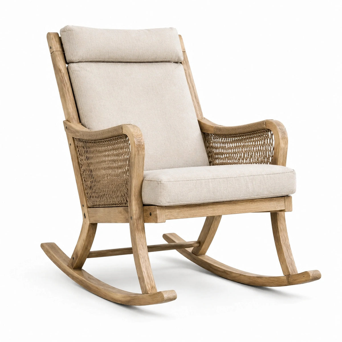 Schaukelstuhl aus Holz mit Kordelgeflecht und Polsterung, Natur/Beige, 68 × 100 × 102 cm