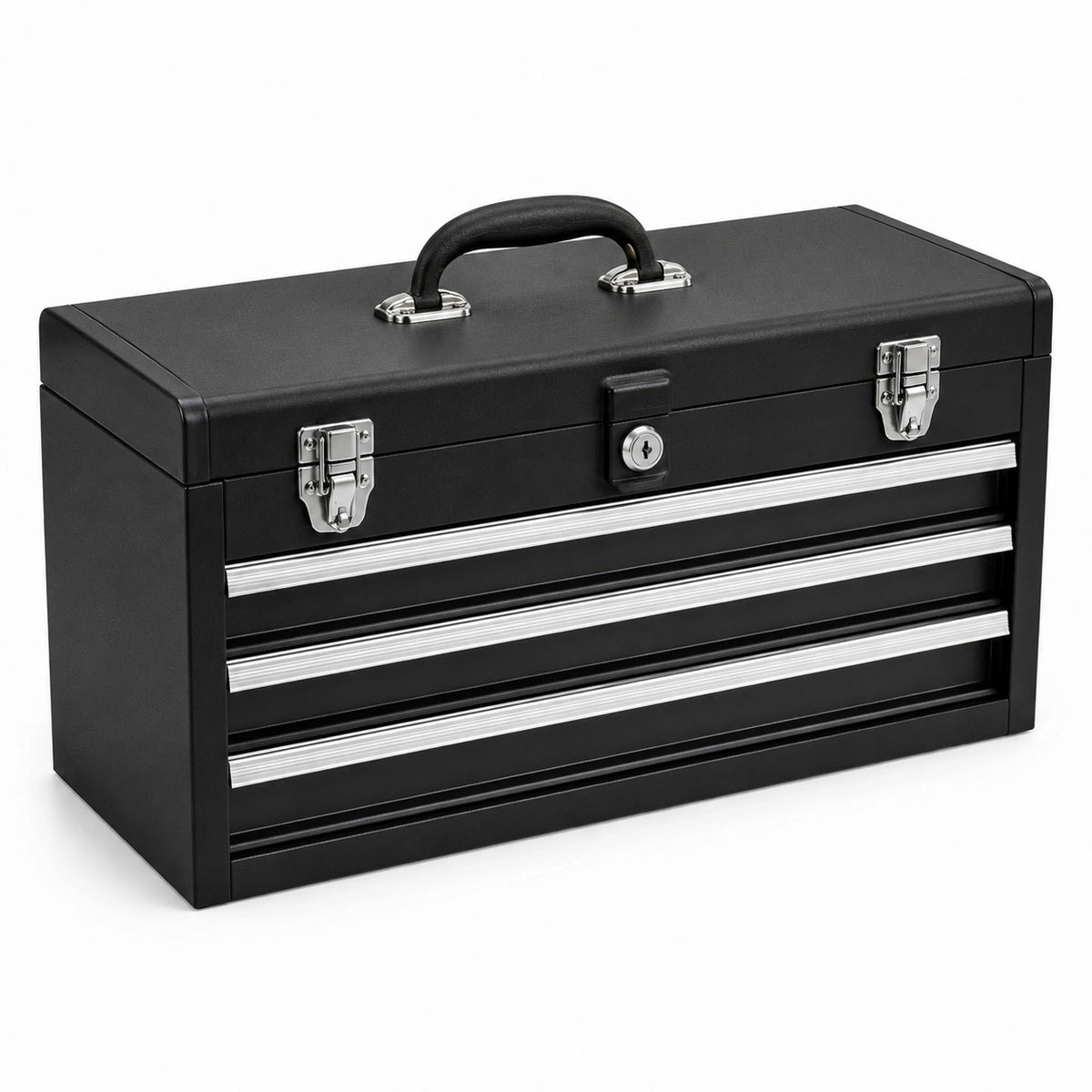 Stahlkoffer Schwarz/Silber, 60 × 26 × 34 cm, mit 3 Schubladen, Tragegriff und Schloss