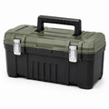 Robuster Werkzeugkoffer 45 × 25 × 25 cm mit Tragegriff und Metallverschlüssen, Olivgrün/Schwarz/Silber