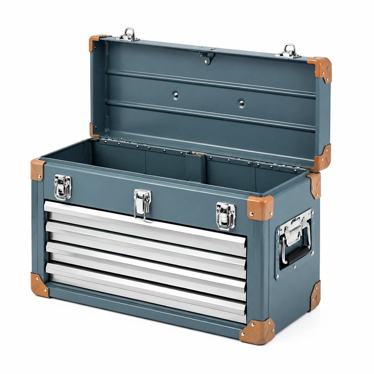 Stahl-Werkzeugkoffer 60 x 30 x 35 cm Blau/Braun/Silber mit Klappdeckel und Tragegriffen
