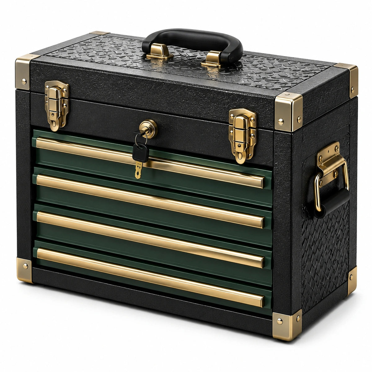 Metall-Werkzeugkoffer mit 4 Schubladen, Schloss und Tragegriffen, 45 × 25 × 35 cm, Schwarz/Grün/Gold