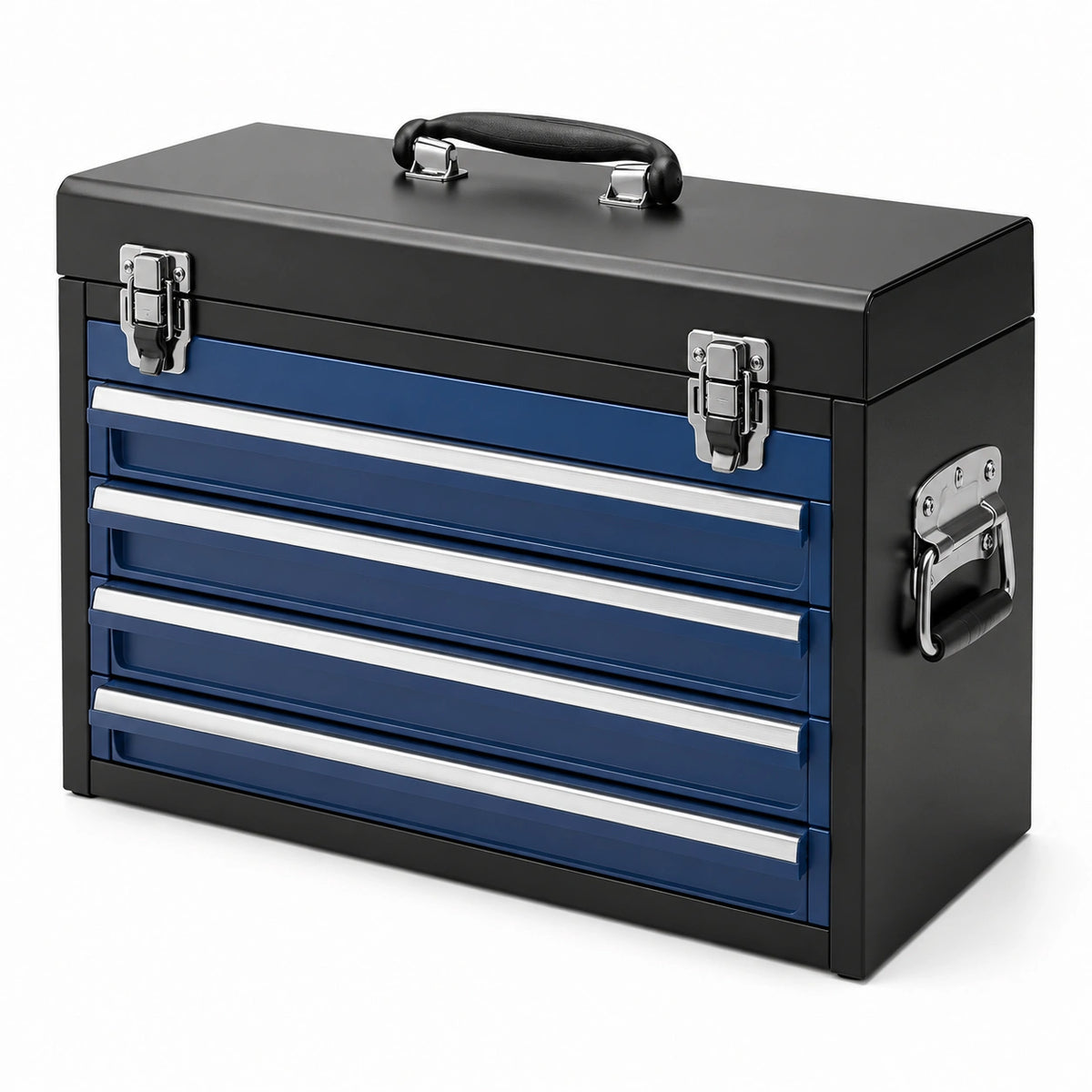 Stahl-Werkzeugkasten 60 × 30 × 40 cm mit 4 Schubladen, Schwarz/Blau/Silber