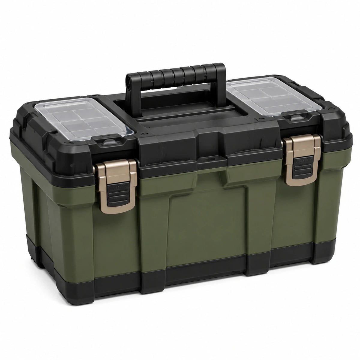 Kunststoff-Werkzeugkoffer 55 × 30 × 30 cm, Olivgrün/Schwarz/Transparent/Beige, mit Tragegriff und Sortierfächern
