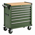 Fahrbarer Werkzeugwagen aus Stahl und Holz, Grün/Natur/Silber/Schwarz, 78 × 46 × 97 cm, 7 Schubladen