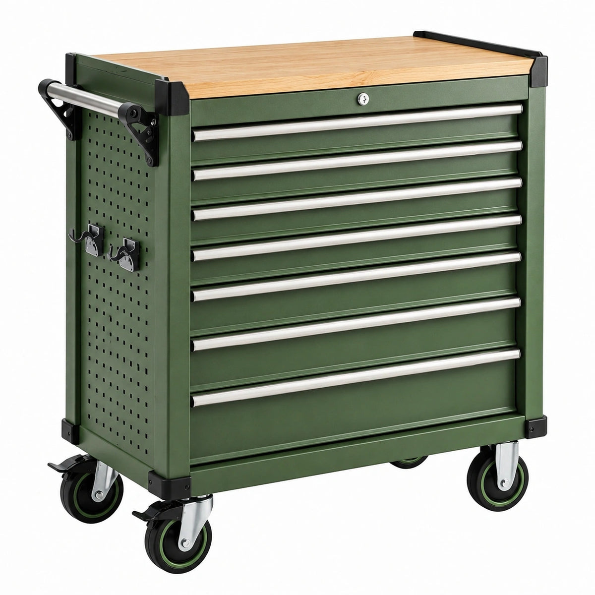 Fahrbarer Werkzeugwagen aus Stahl und Holz, Grün/Natur/Silber/Schwarz, 78 × 46 × 97 cm, 7 Schubladen