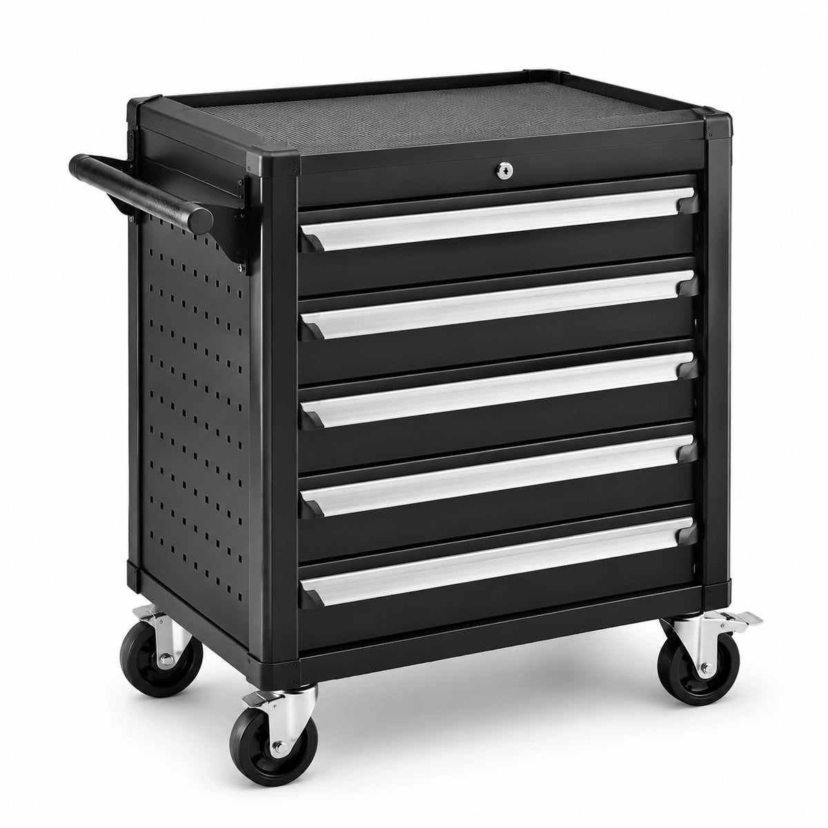 Abschließbarer Metallwagen mit 5 Schubladen, 77 × 46 × 97 cm, Schwarz/Silber