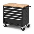Fahrbarer Werkzeugwagen aus Stahl mit Holzarbeitsplatte, 6 Schubladen, 76 × 46 × 96 cm, Schwarz/Naturholz/Silber