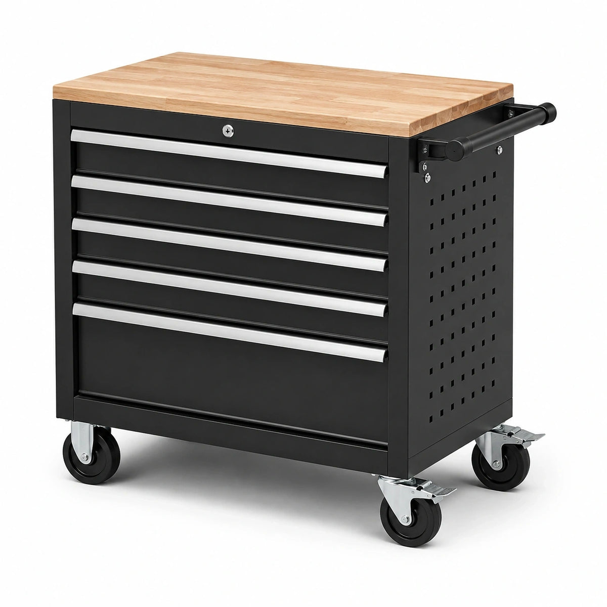 Fahrbarer Werkzeugwagen aus Stahl mit Holzarbeitsplatte, 6 Schubladen, 76 × 46 × 96 cm, Schwarz/Naturholz/Silber