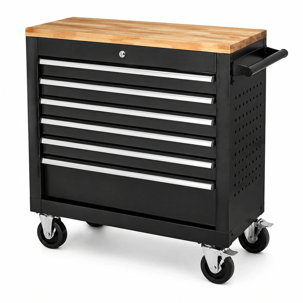 Werkzeugwagen mit 7 Schubladen, 77 × 46 × 97 cm, Schwarz mit Naturholz-Arbeitsplatte
