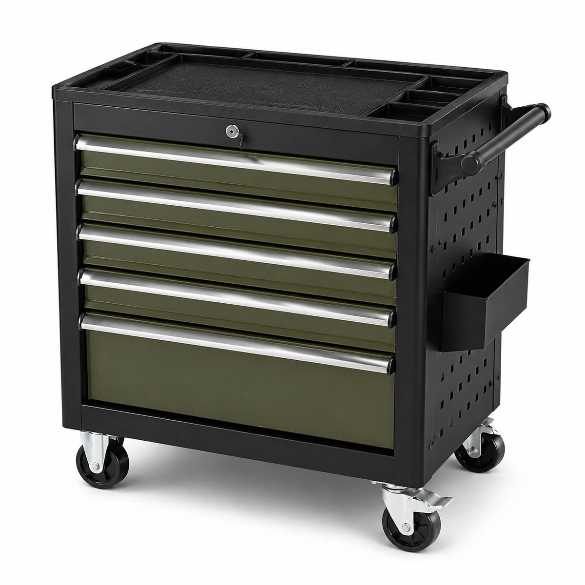 Werkzeugwagen aus Stahl, 77 × 46 × 97 cm, Schwarz/Olivegrün/Silber, 6 Schubladen, abschließbar
