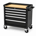 Werkstattwagen aus Stahl in Schwarz/Natur/Silber, 100 × 50 × 95 cm, mit Bambus-Arbeitsplatte und 7 Schubladen