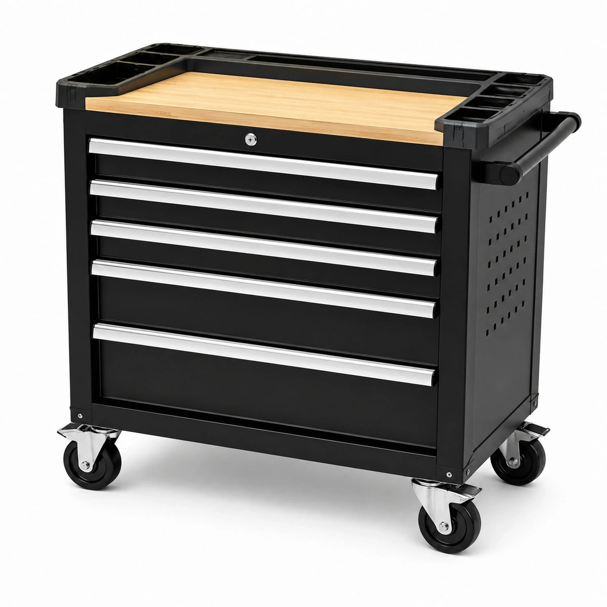 Werkstattwagen aus Stahl in Schwarz/Natur/Silber, 100 × 50 × 95 cm, mit Bambus-Arbeitsplatte und 7 Schubladen