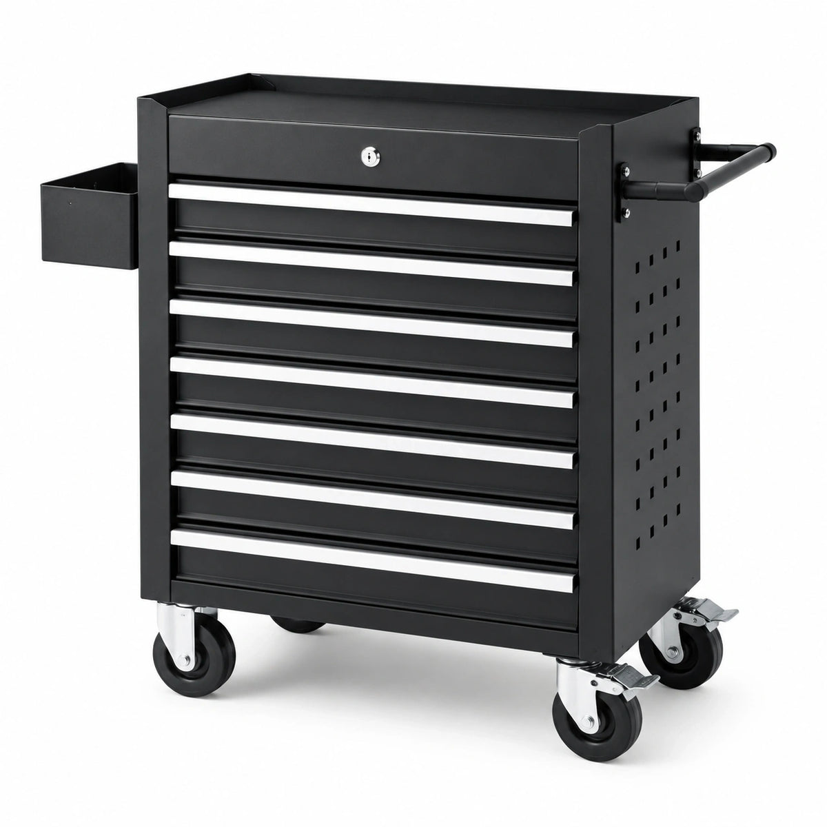 Werkzeugwagen aus Stahl, 77 x 46 x 97 cm, Schwarz/Silber, 8 Schubladen, Rollen mit Bremsen