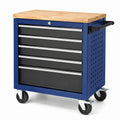 Werkstattwagen aus Stahl, 76 × 46 × 96 cm, Blau/Schwarz/Naturholz, mit Holzarbeitsplatte und 6 Schubladen