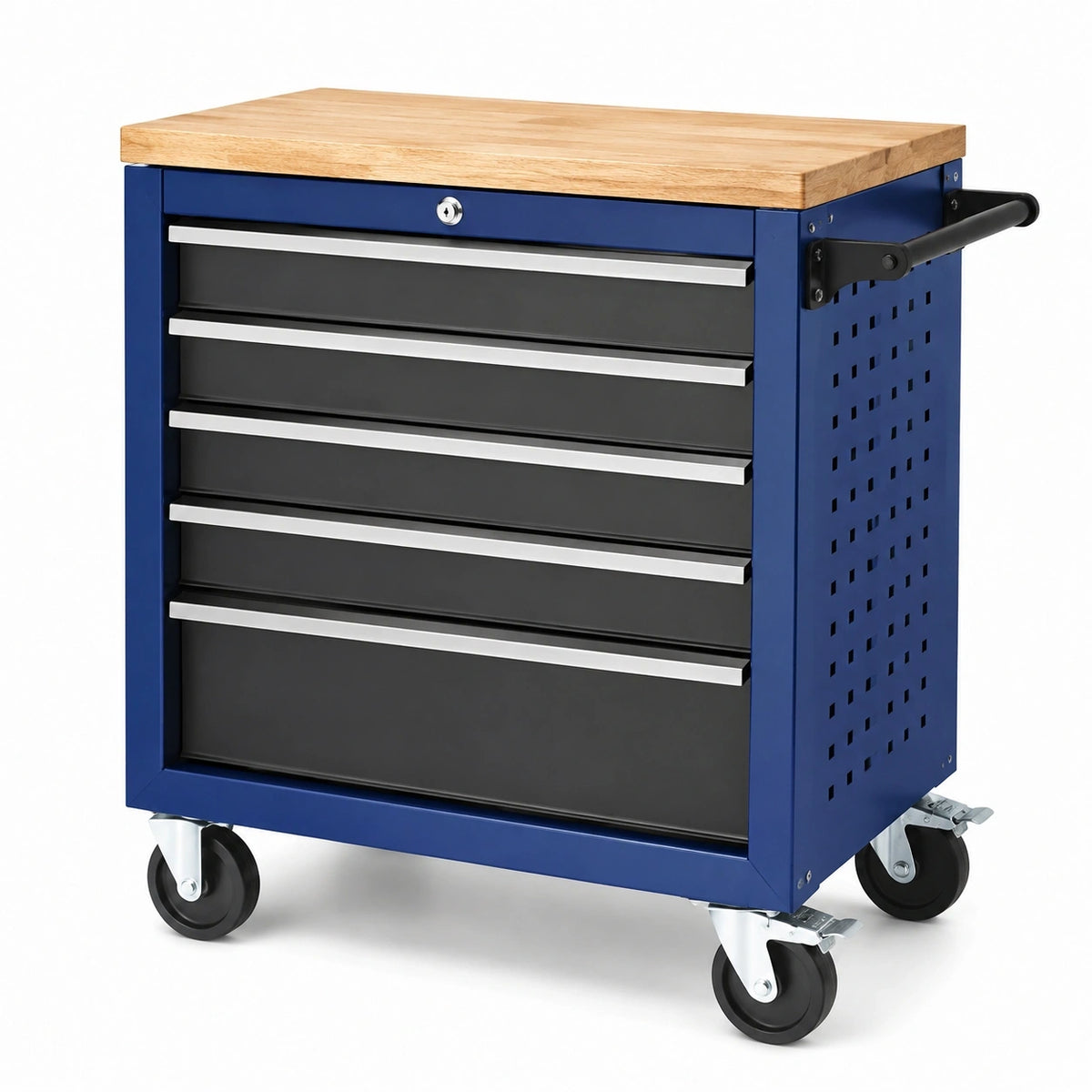 Werkstattwagen aus Stahl, 76 × 46 × 96 cm, Blau/Schwarz/Naturholz, mit Holzarbeitsplatte und 6 Schubladen