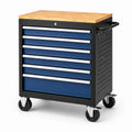 Abschließbarer Werkstattwagen mit 8 Schubladen und Holzarbeitsplatte, 77 × 46 × 97 cm, Blau/Schwarz/Naturholz/Silber