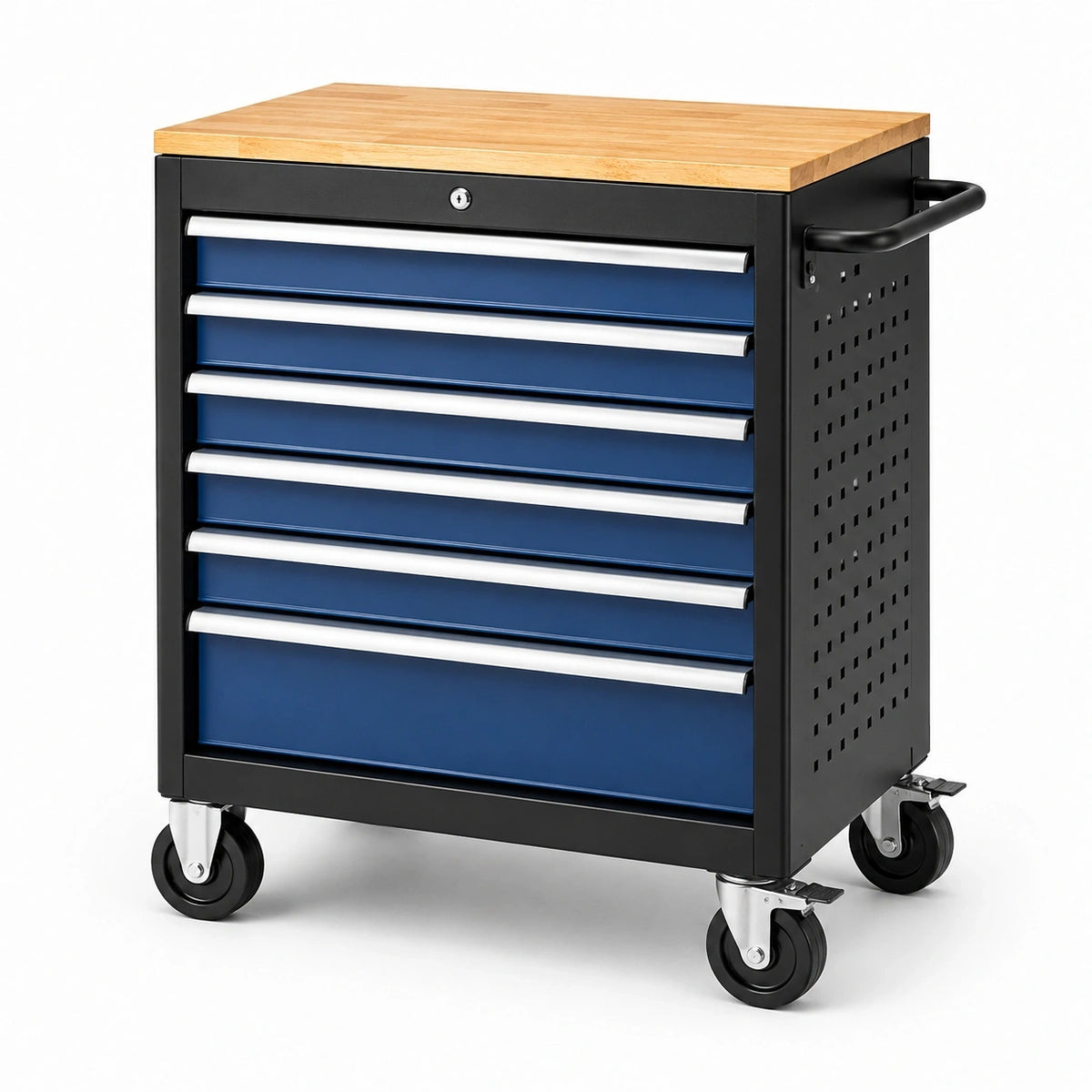 Abschließbarer Werkstattwagen mit 8 Schubladen und Holzarbeitsplatte, 77 × 46 × 97 cm, Blau/Schwarz/Naturholz/Silber