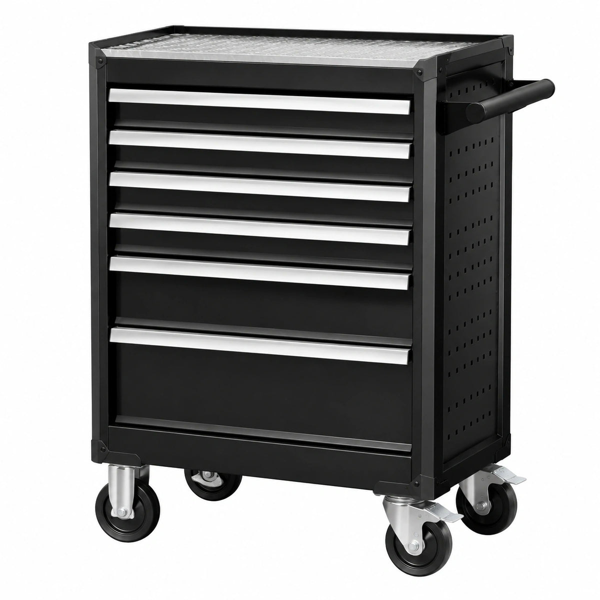 Werkzeugwagen aus Stahl, 78 × 46 × 97 cm, Schwarz/Silber, mit 7 Schubladen und Rollen