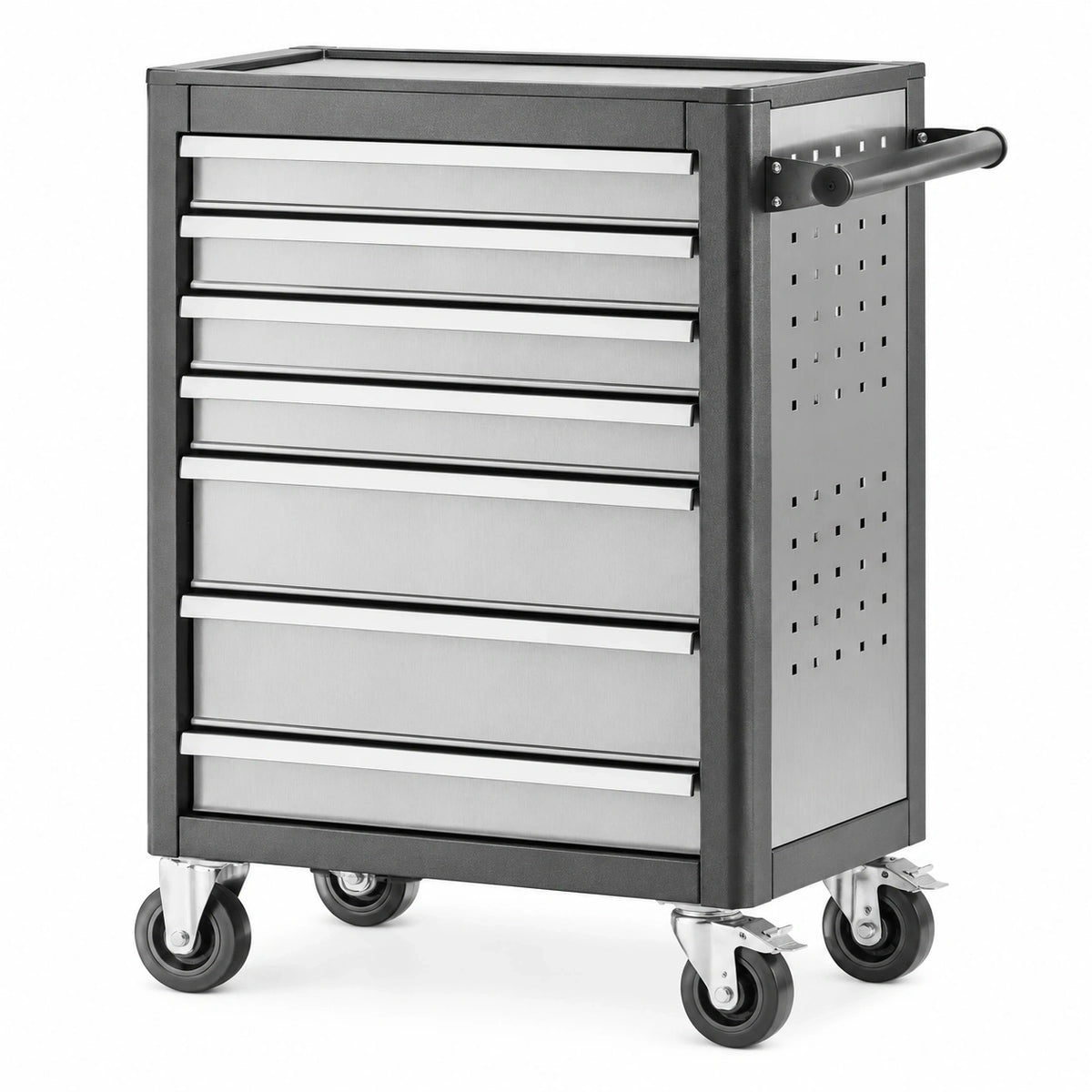 Stahlwagen mit 7 Schubladen, Rollen und Seitengriff, 77 × 46 × 97 cm, Schwarz/Grau