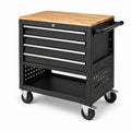 Schwarzer Stahlwagen mit Naturholz-Arbeitsplatte, 5 Schubladen und Rollen, 80 × 45 × 95 cm