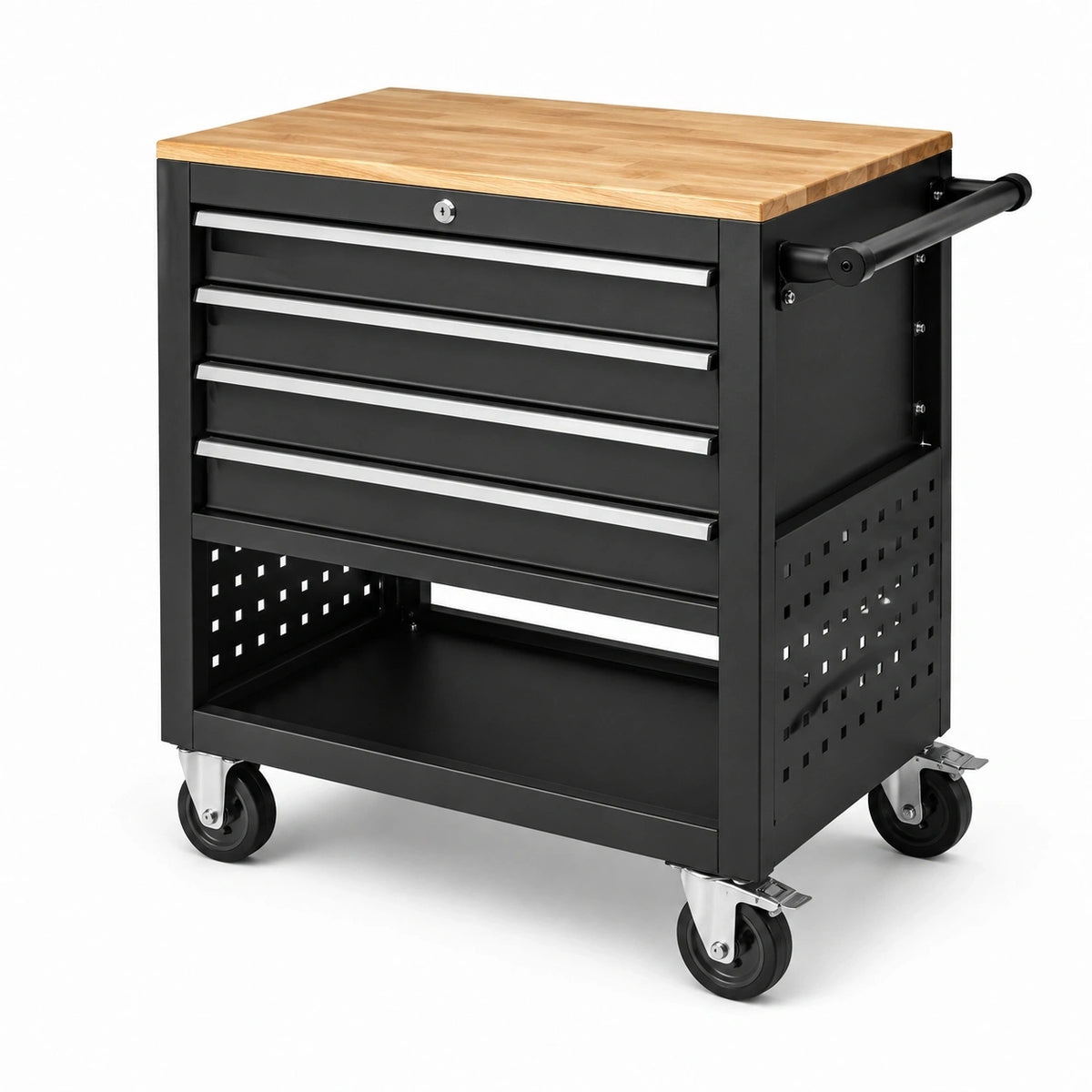 Schwarzer Stahlwagen mit Naturholz-Arbeitsplatte, 5 Schubladen und Rollen, 80 × 45 × 95 cm