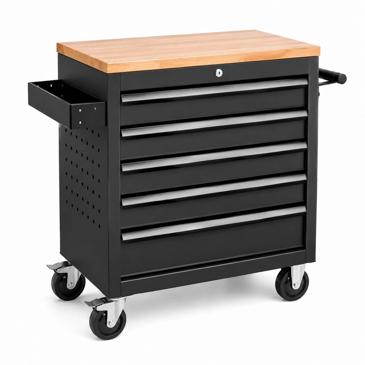 Abschließbarer Werkzeugwagen aus Stahl mit Holzarbeitsplatte, 77 × 46 × 97 cm, Schwarz/Naturholz